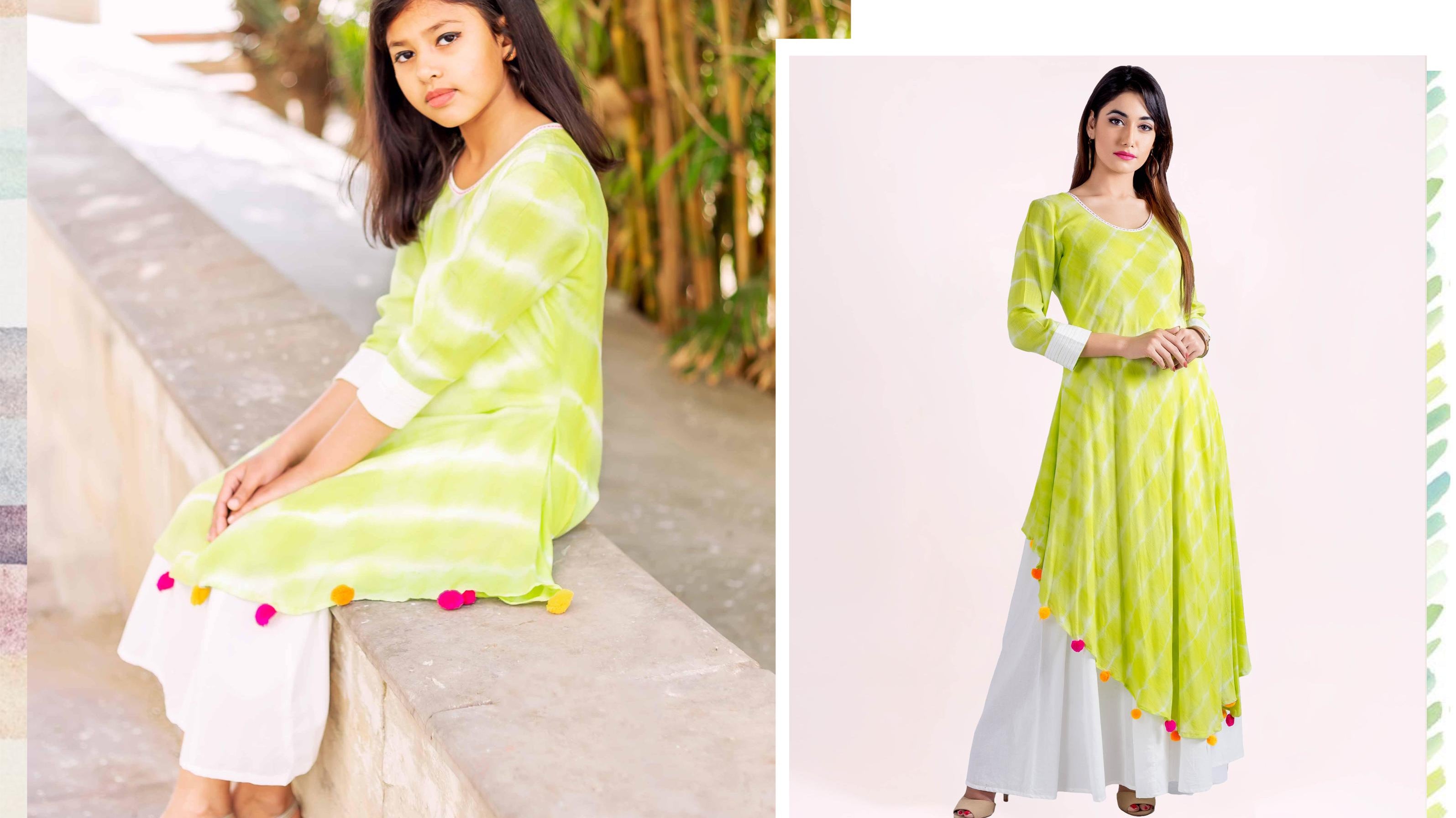 Asymmetrical Lime Tie And Dye Indo Western Dress