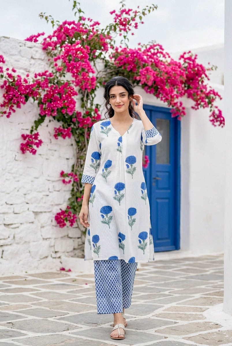 Ivory & Indigo Marigold Handblock Cotton Co-ord Set — front view