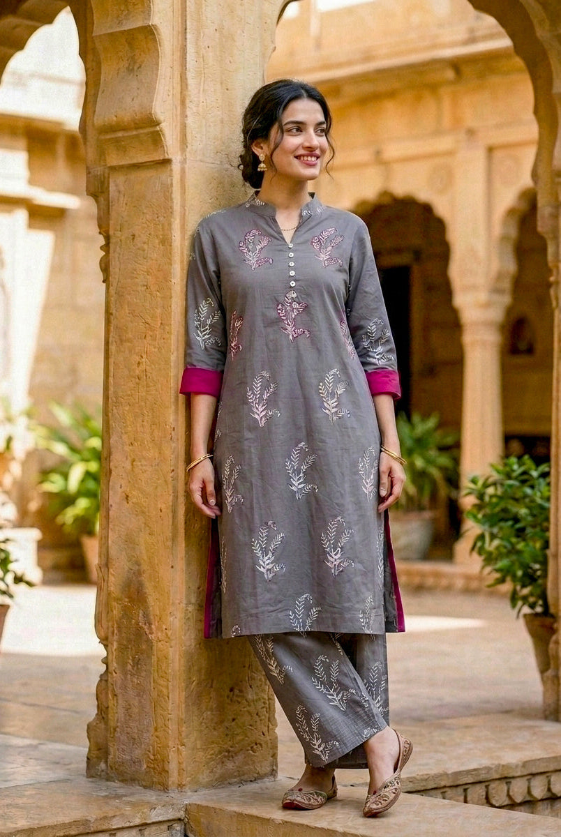 Front full look of model wearing a grey hand-block printed cotton cord set with pink trim.