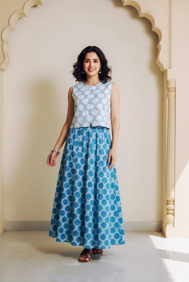 Sky Blue Polka Dot Handblock Cotton Co-ord Set — front styled look