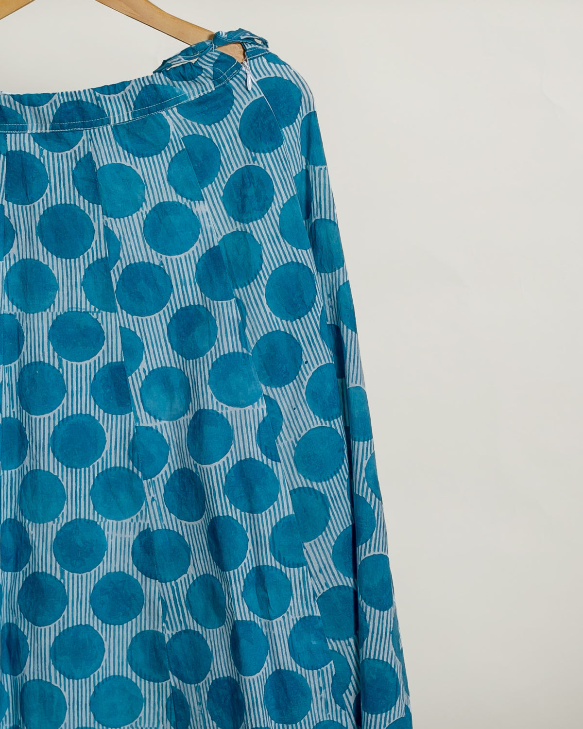 Sky Blue Polka Dot Handblock Cotton Co-ord Set — skirt polka dot print detail