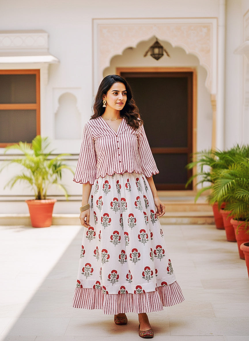 Red & White Striped Floral Handblock Cotton Co-ord Set — full-length front view