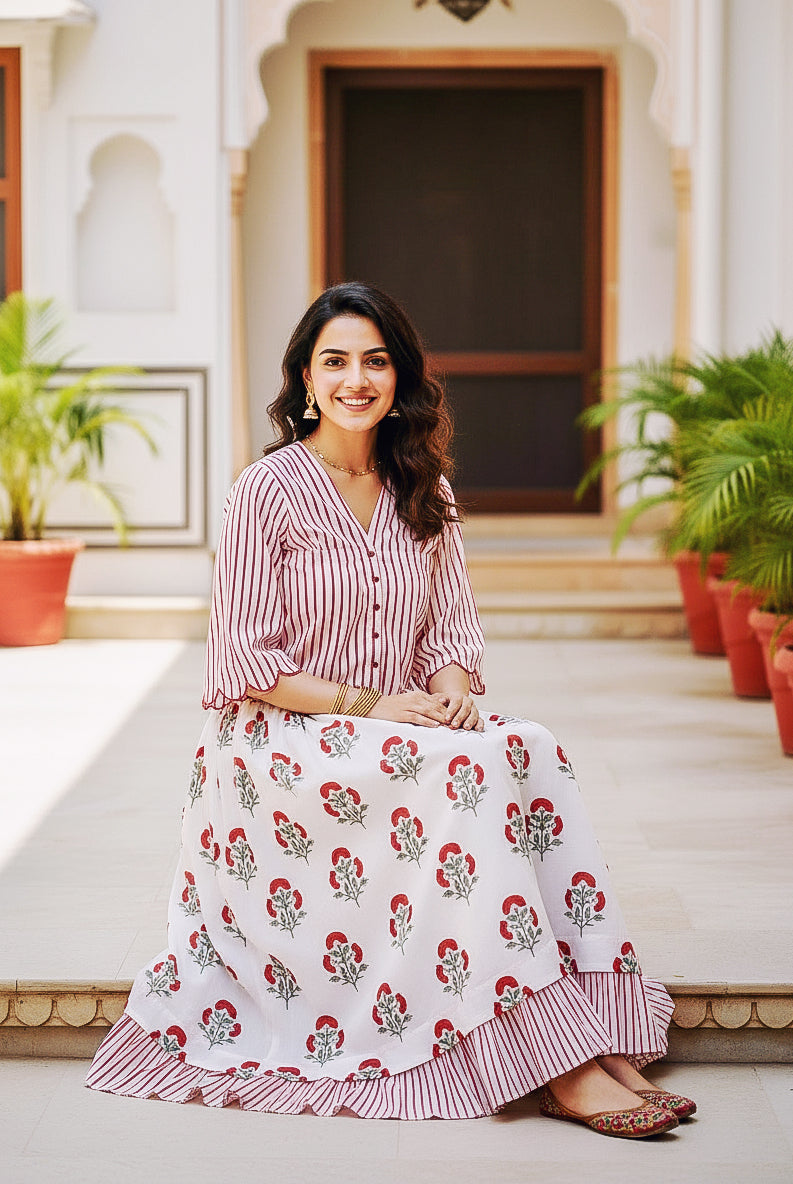 Red & White Striped Floral Handblock Cotton Co-ord Set — seated styled look