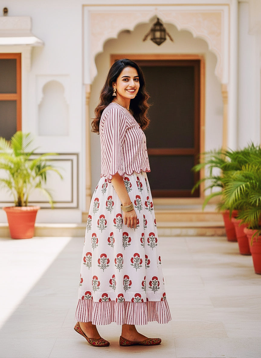 Red & White Striped Floral Handblock Cotton Co-ord Set — side view