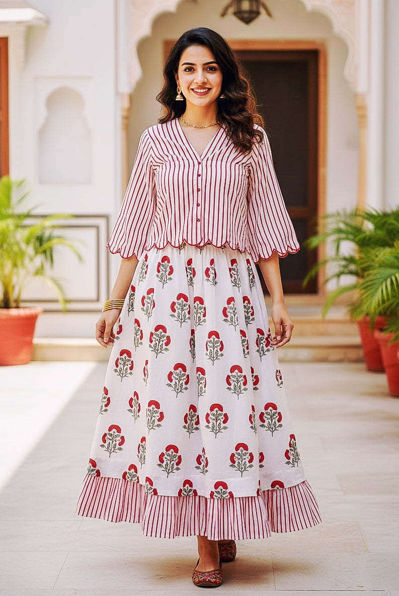 Red & White Striped Floral Handblock Cotton Co-ord Set — front view
