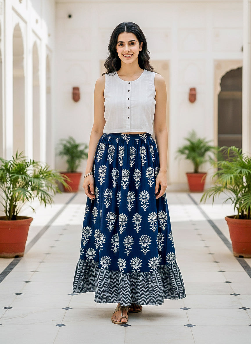 White & Navy Lotus Handblock Cotton Co-ord Set — front view