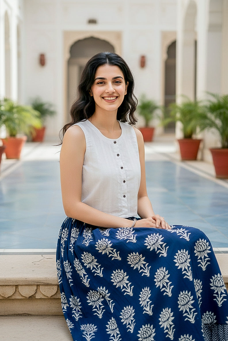 White & Navy Lotus Handblock Cotton Co-ord Set — seated styled look