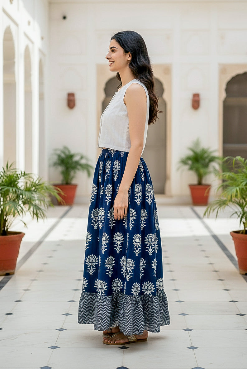 White & Navy Lotus Handblock Cotton Co-ord Set — side view