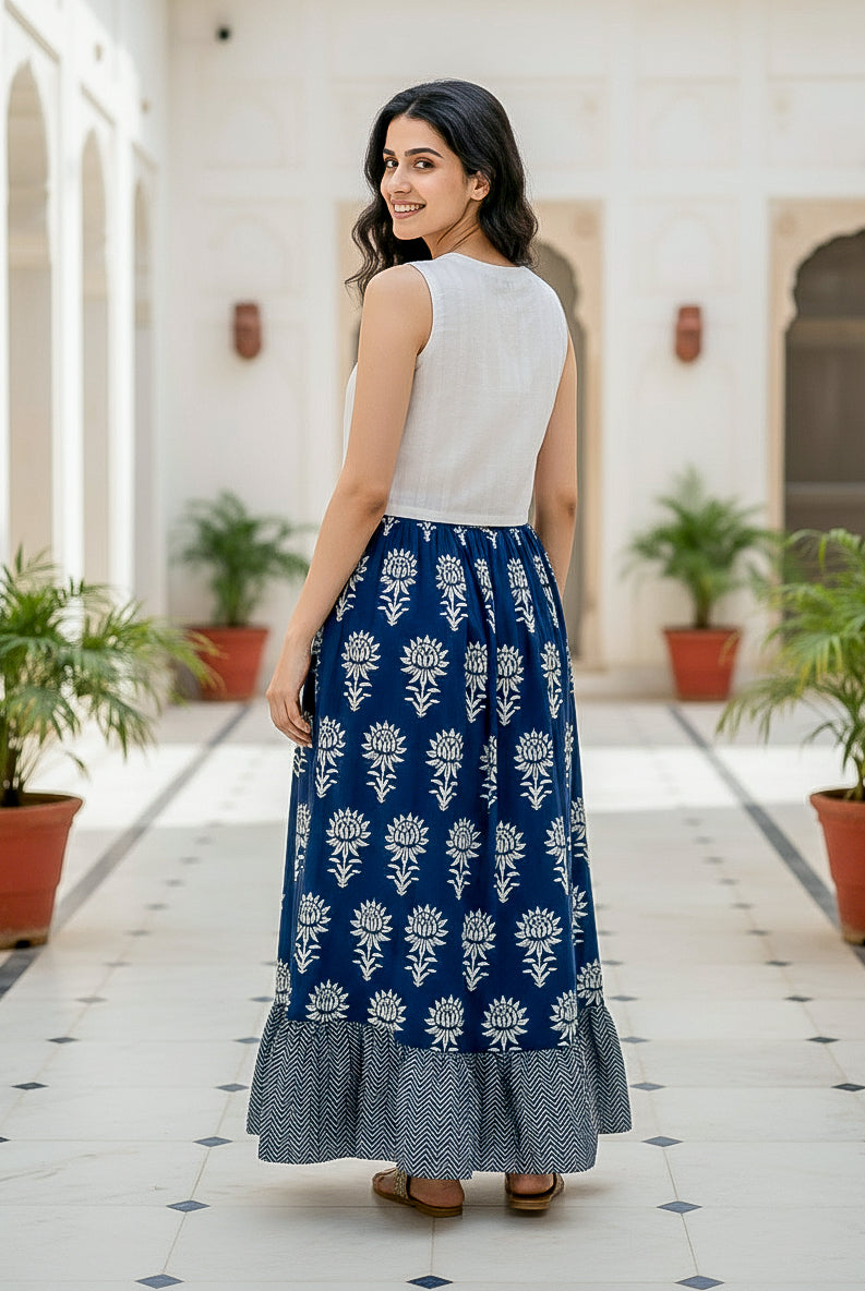 White & Navy Lotus Handblock Cotton Co-ord Set — back view