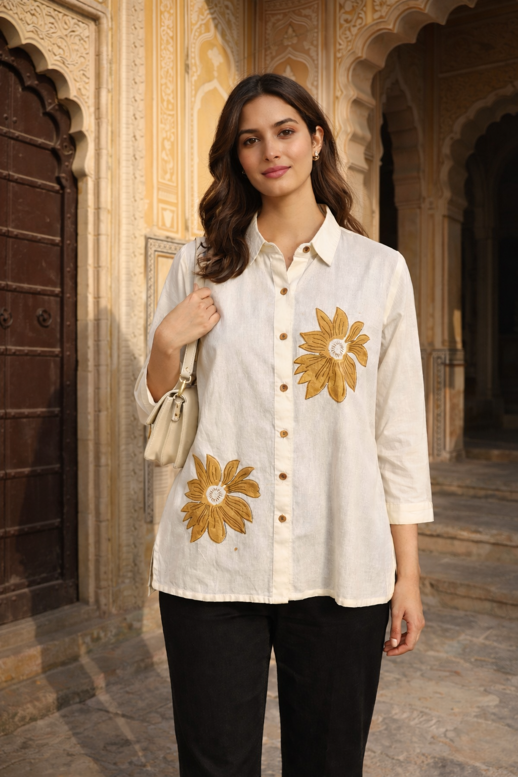 Front view of model wearing a collared cream cotton shirt with mustard floral prints.