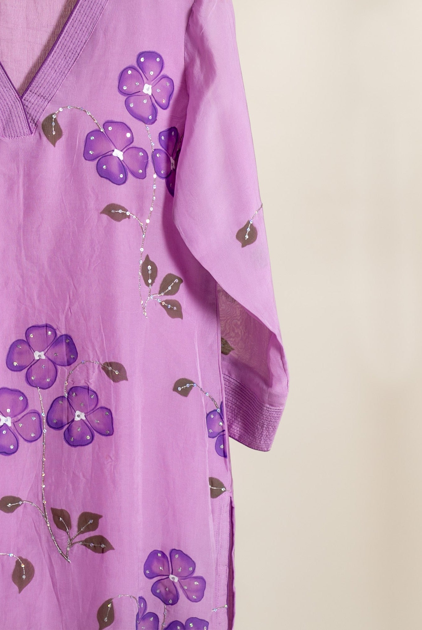Lilac Hand Painted Organza Kurta Set with Pants & Dupatta — view 7