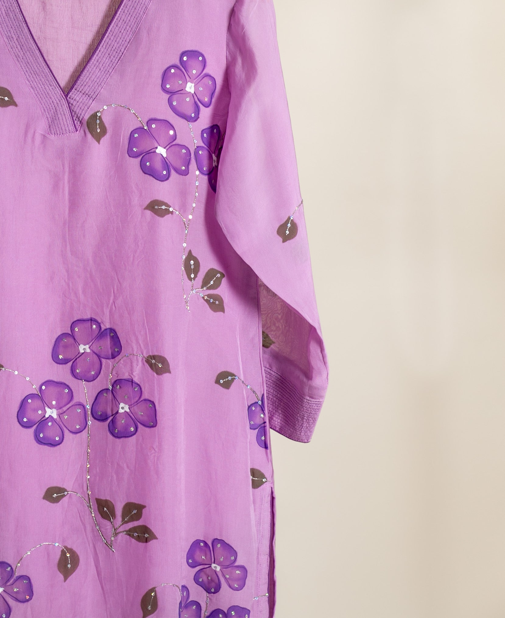 Lilac Hand Painted Organza Kurta Set with Pants & Dupatta — view 7