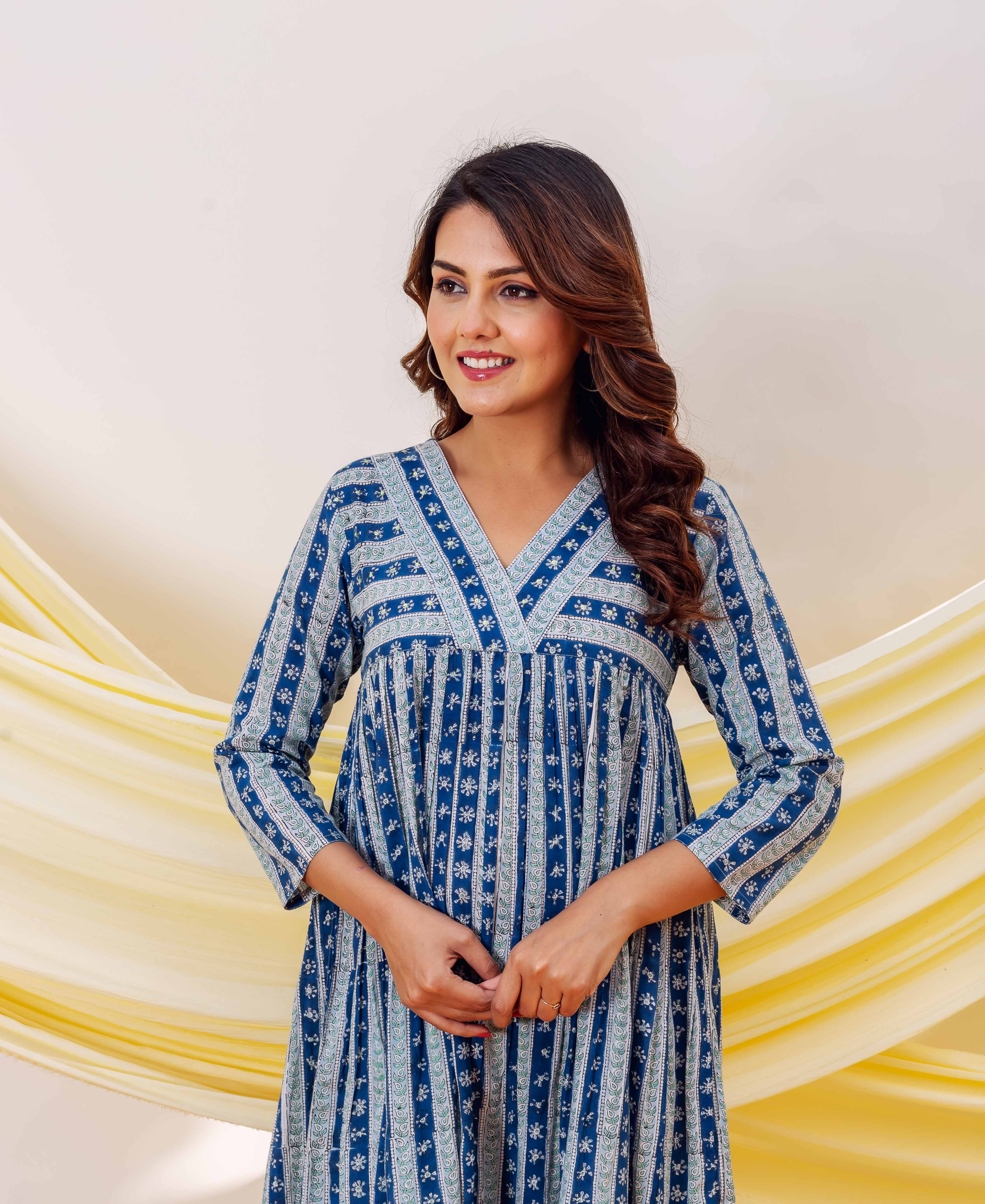 Front view of model in an indigo blue hand-block printed ethnic dress.