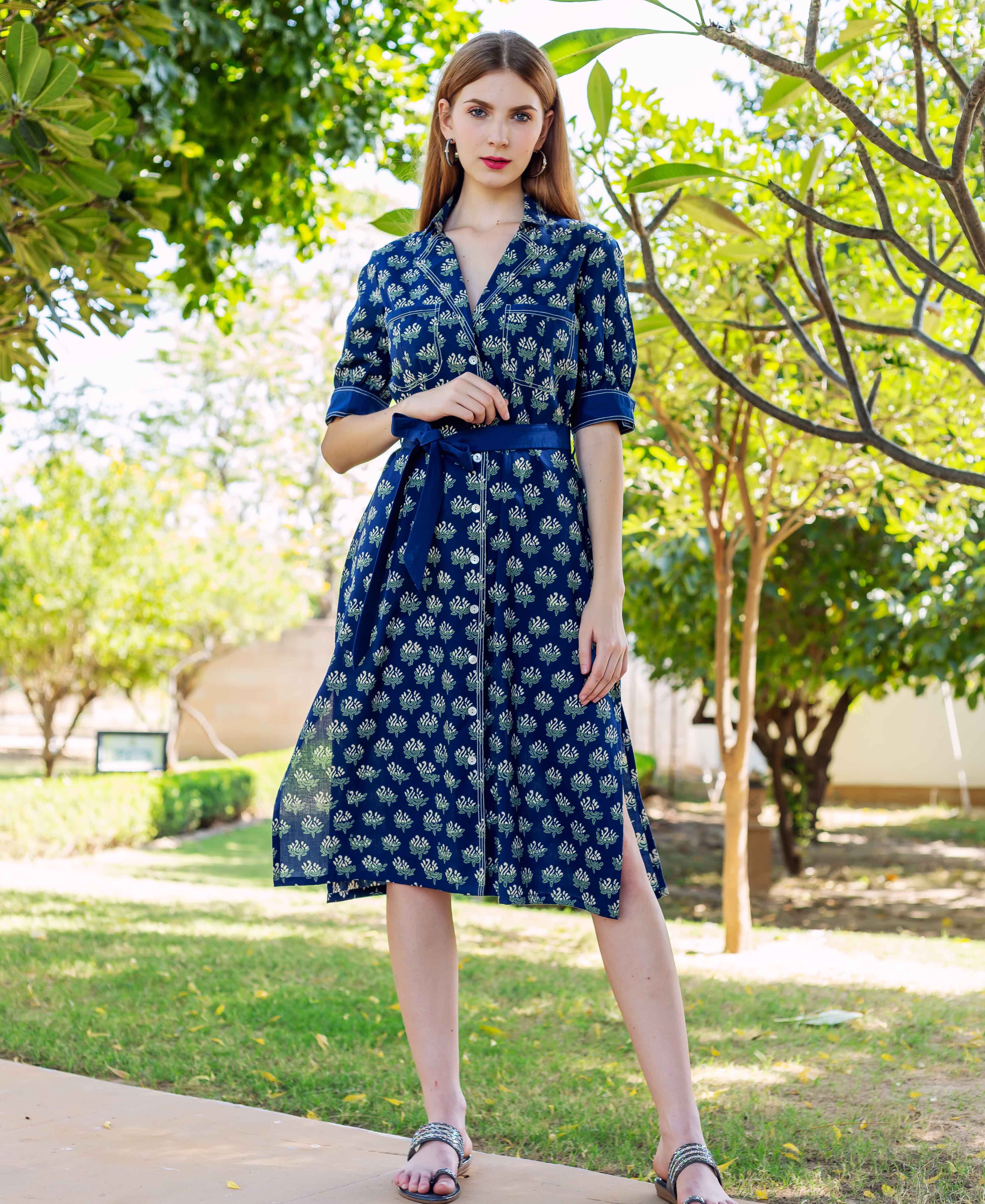 Full look of model in indigo blue hand block printed ethnic shirt dress.