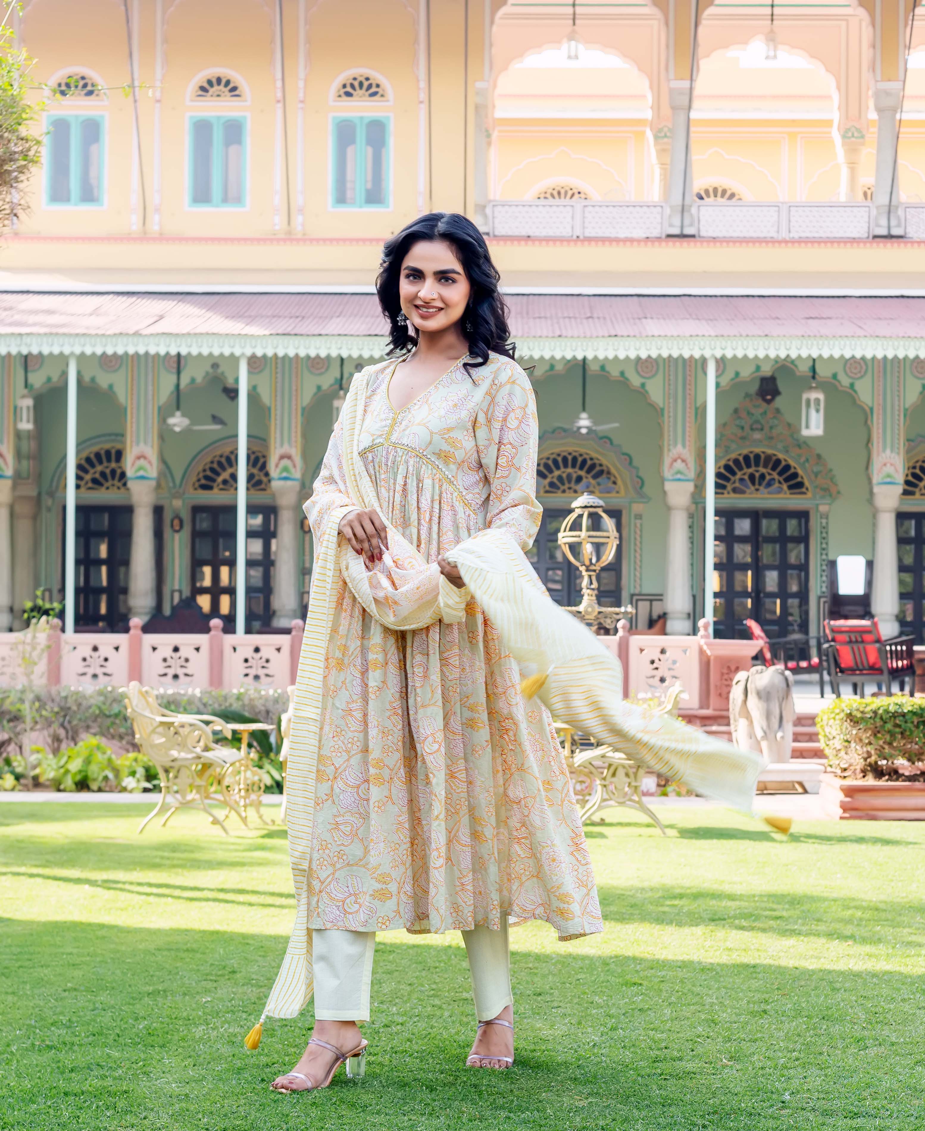 Full-length model in a light Savera floral hand-block-printed ethnic kurta set.