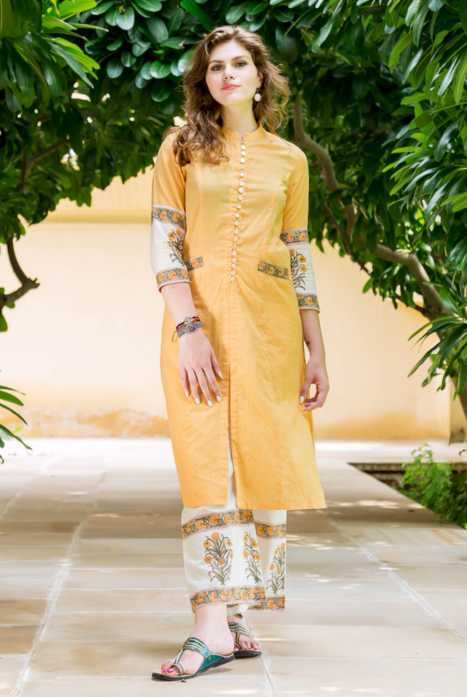 Mayukhi Straight Cut Hand Block Printed Front Slit Kurta — front view, kurta with hand block printed palazzo pants