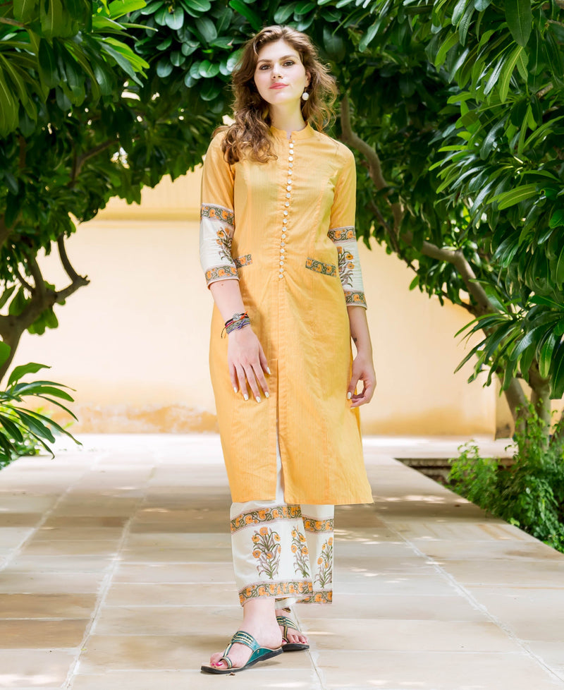 Mayukhi Straight Cut Hand Block Printed Front Slit Kurta — front view, kurta with hand block printed palazzo pants