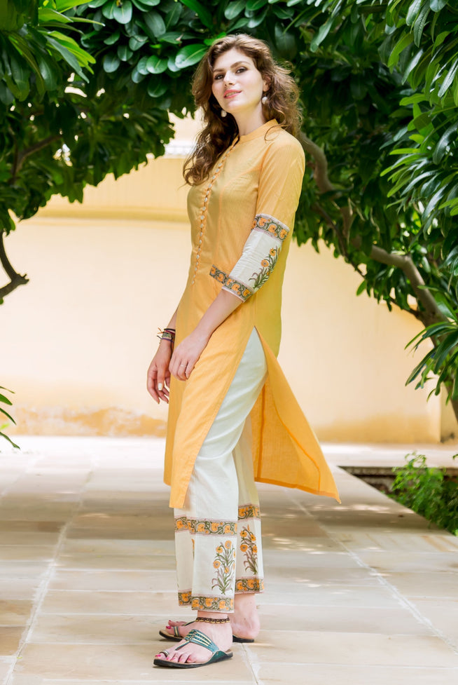 Mayukhi Straight Cut Hand Block Printed Front Slit Kurta — side view showing the front slit, kurta with palazzo pants