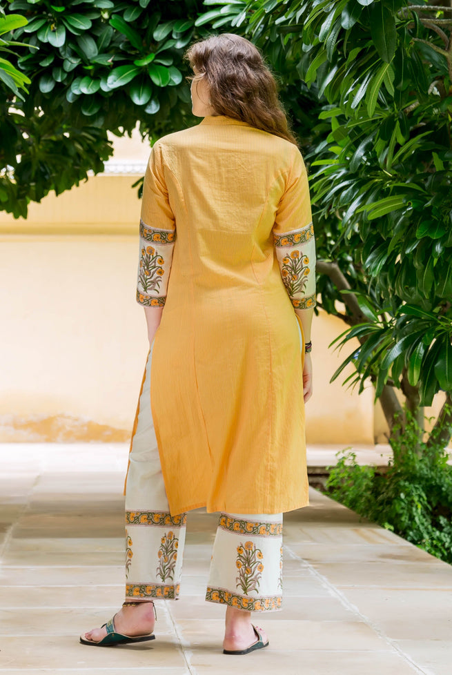 Mayukhi Straight Cut Hand Block Printed Front Slit Kurta — back view, kurta with hand block printed palazzo pants