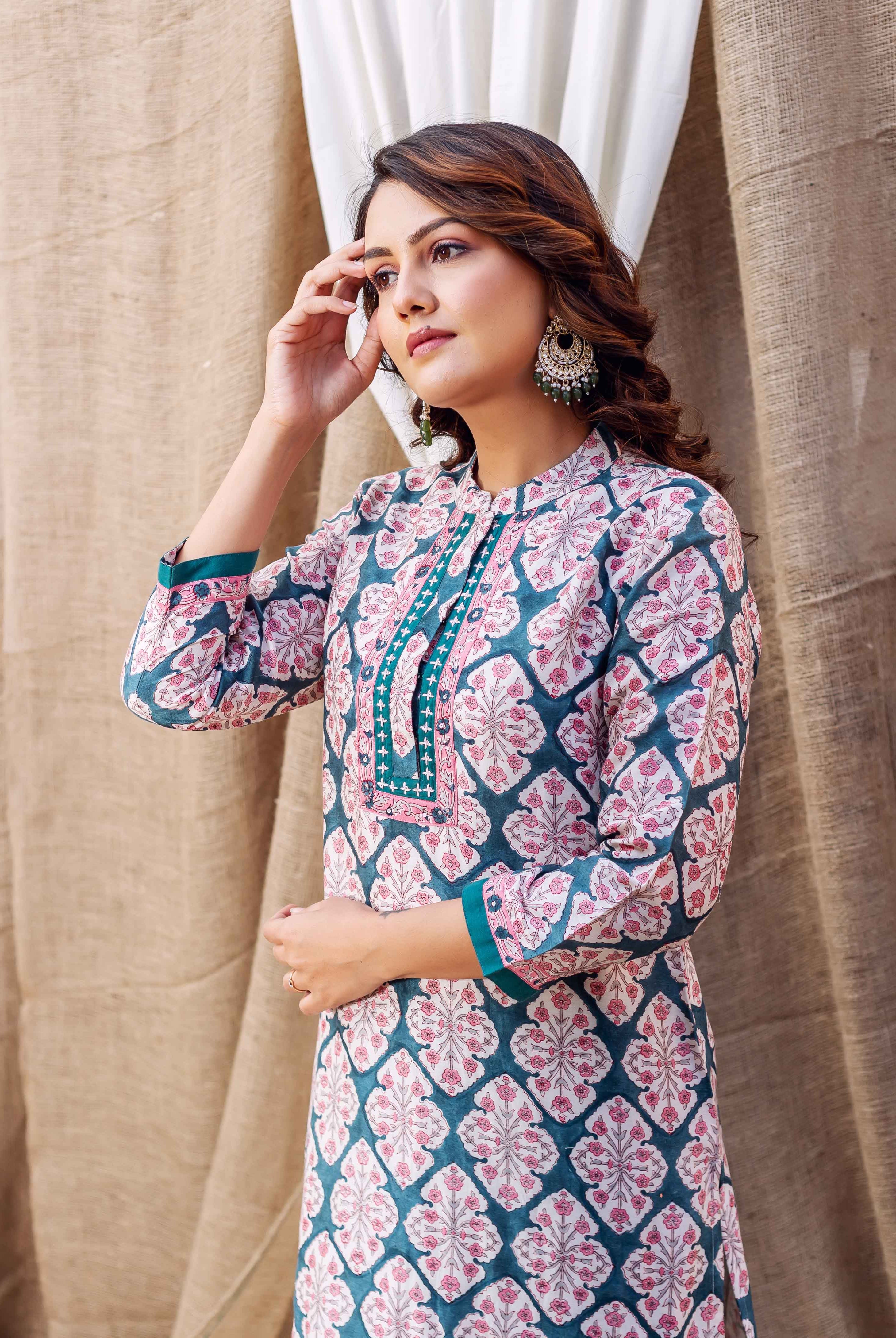 Teal green block printed chanderi kurta on a model.