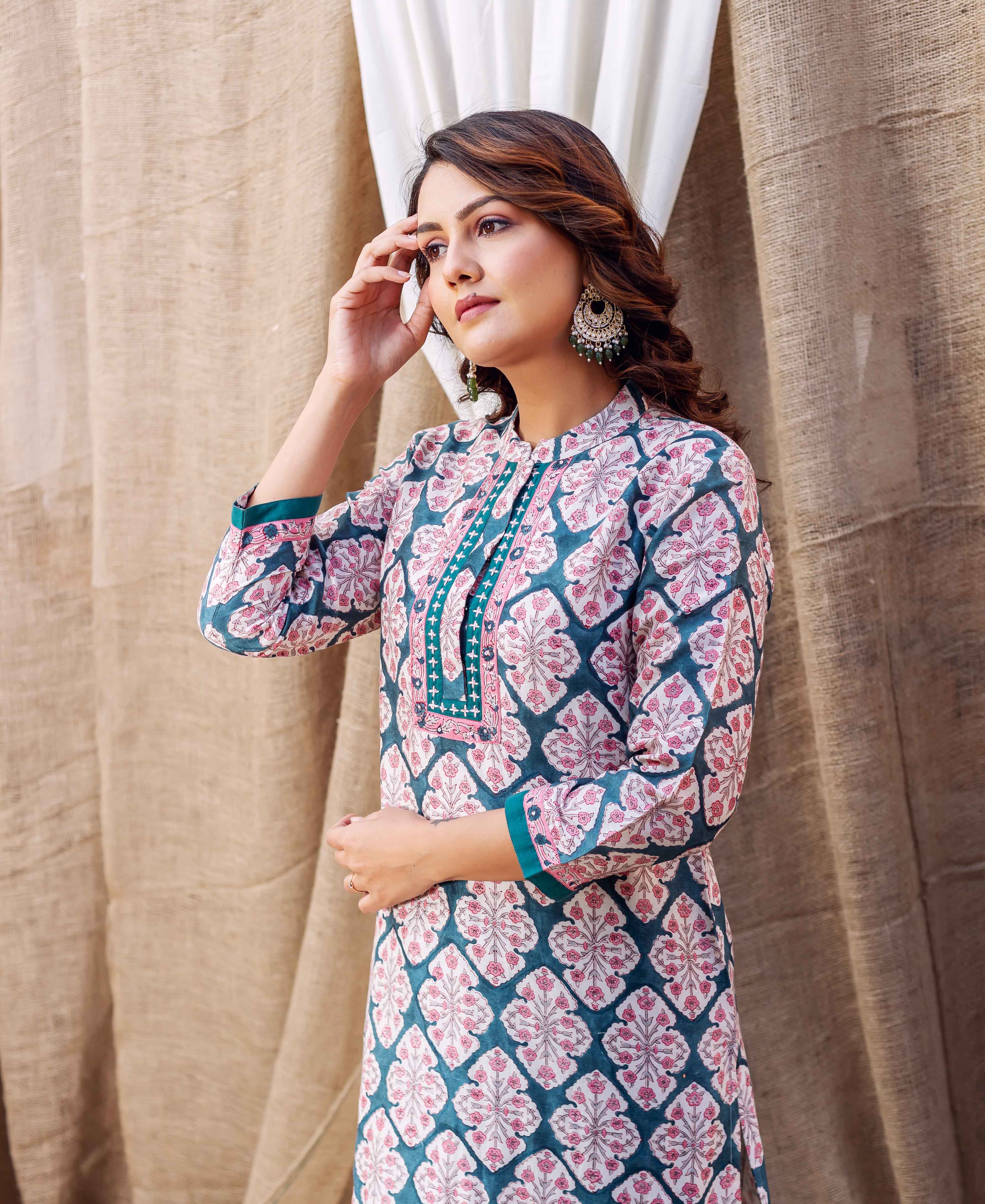 Teal green block printed chanderi kurta on a model.