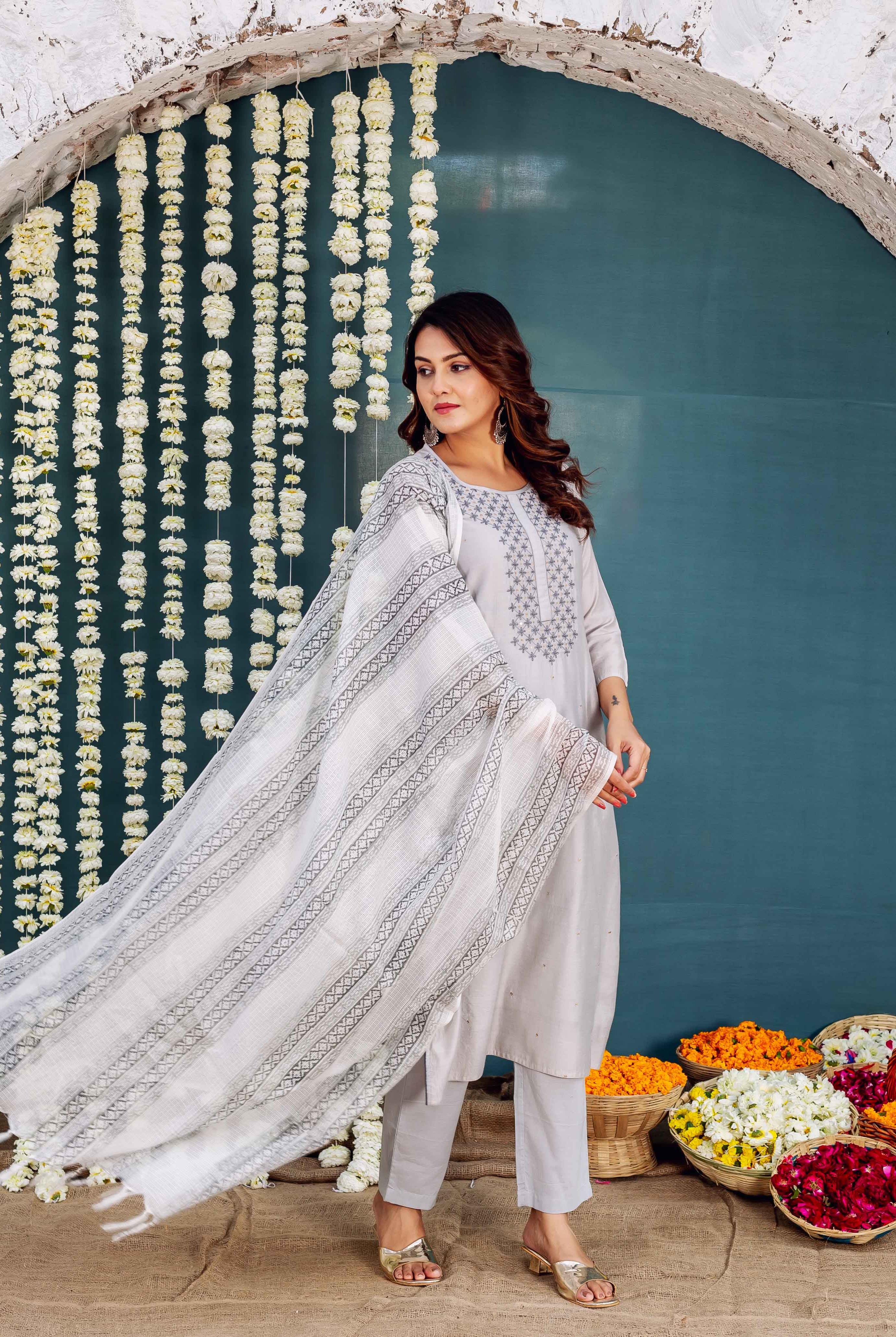 Grey embroidered kurta and hand-block-printed striped dupatta on a standing model.