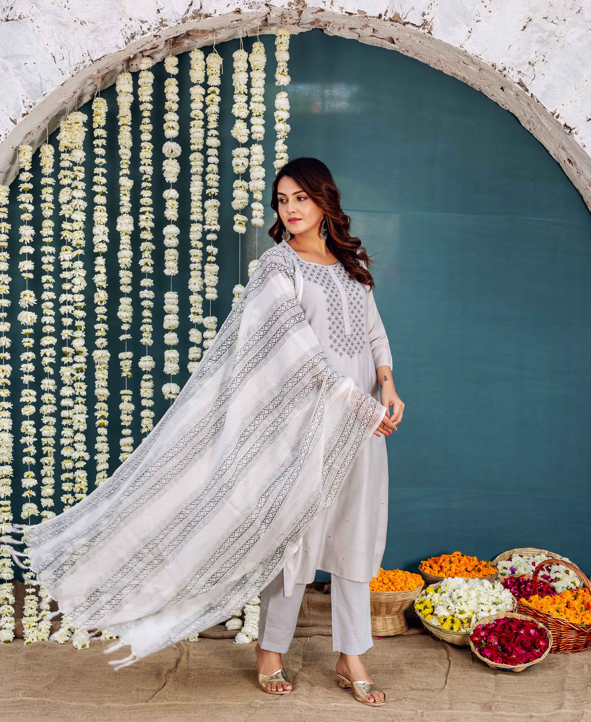 Grey embroidered kurta and hand-block-printed striped dupatta on a standing model.