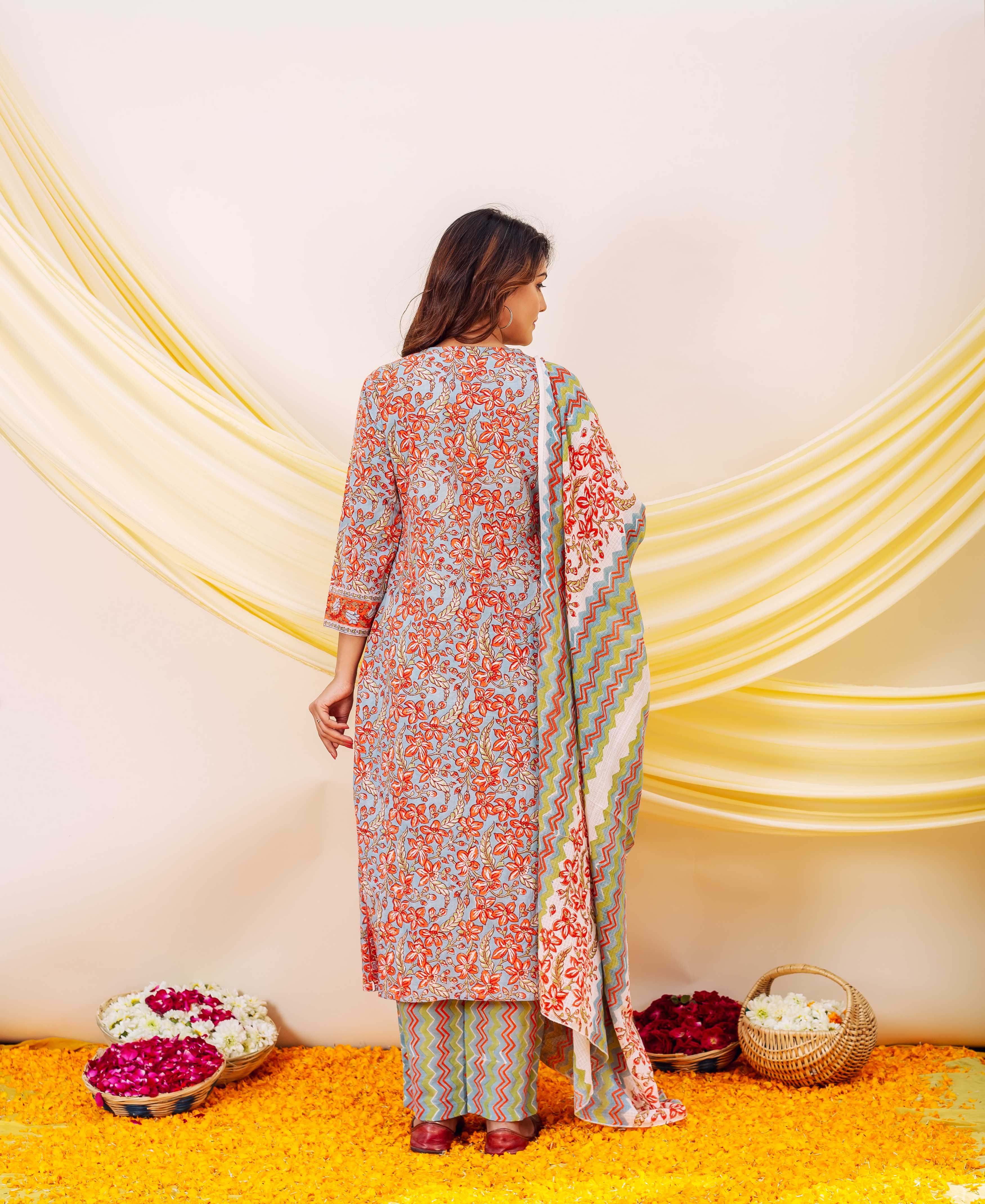 Back view of model in light blue floral kurta with zigzag bottoms and dupatta.
