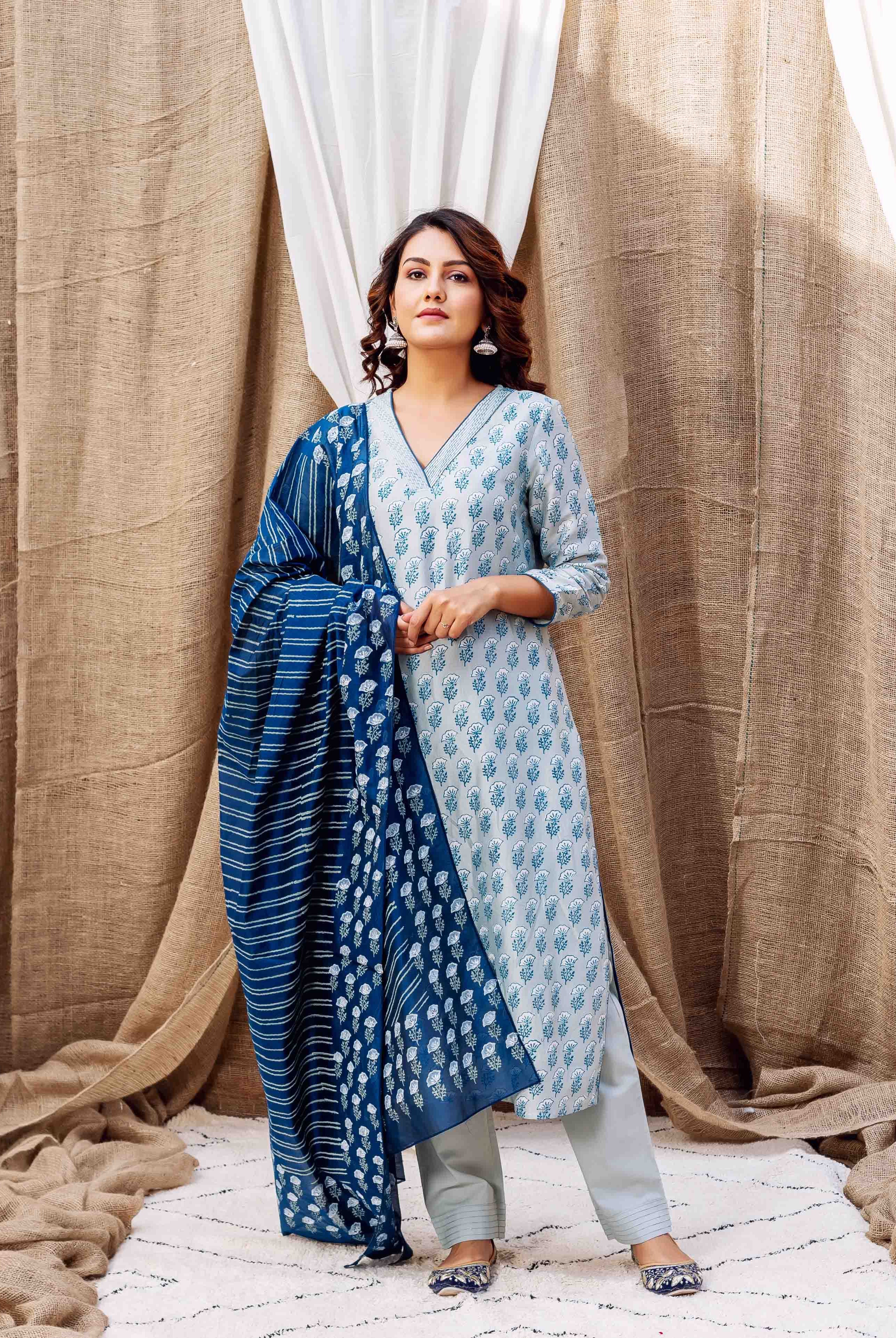 Full-length model in slate hand-block printed kurta with dark blue patterned dupatta.