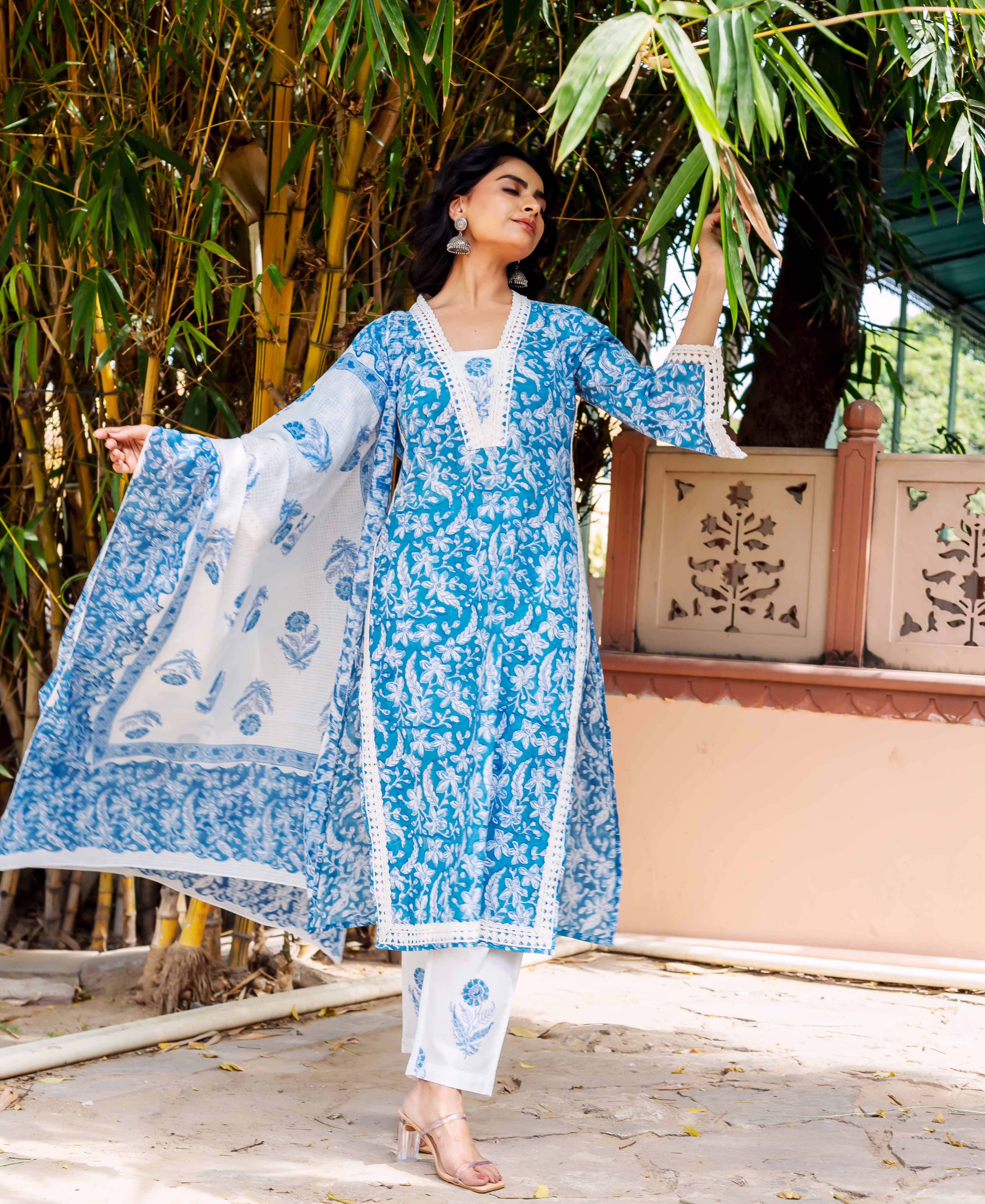 A model wearing a blue and white floral printed kurta with lace trim.