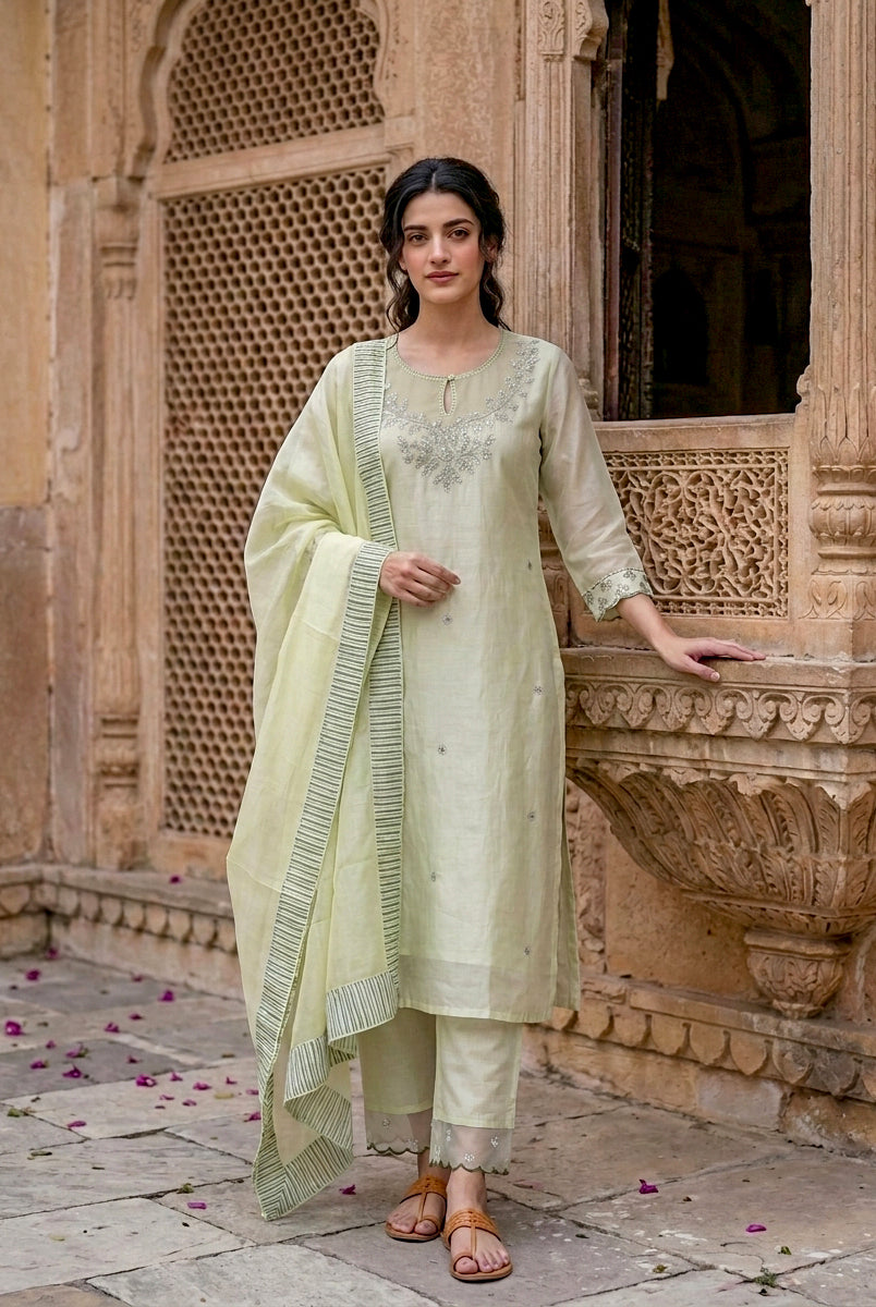 Sage Green Silk Chanderi Kurta with Pants & Organza Dupatta — view 1