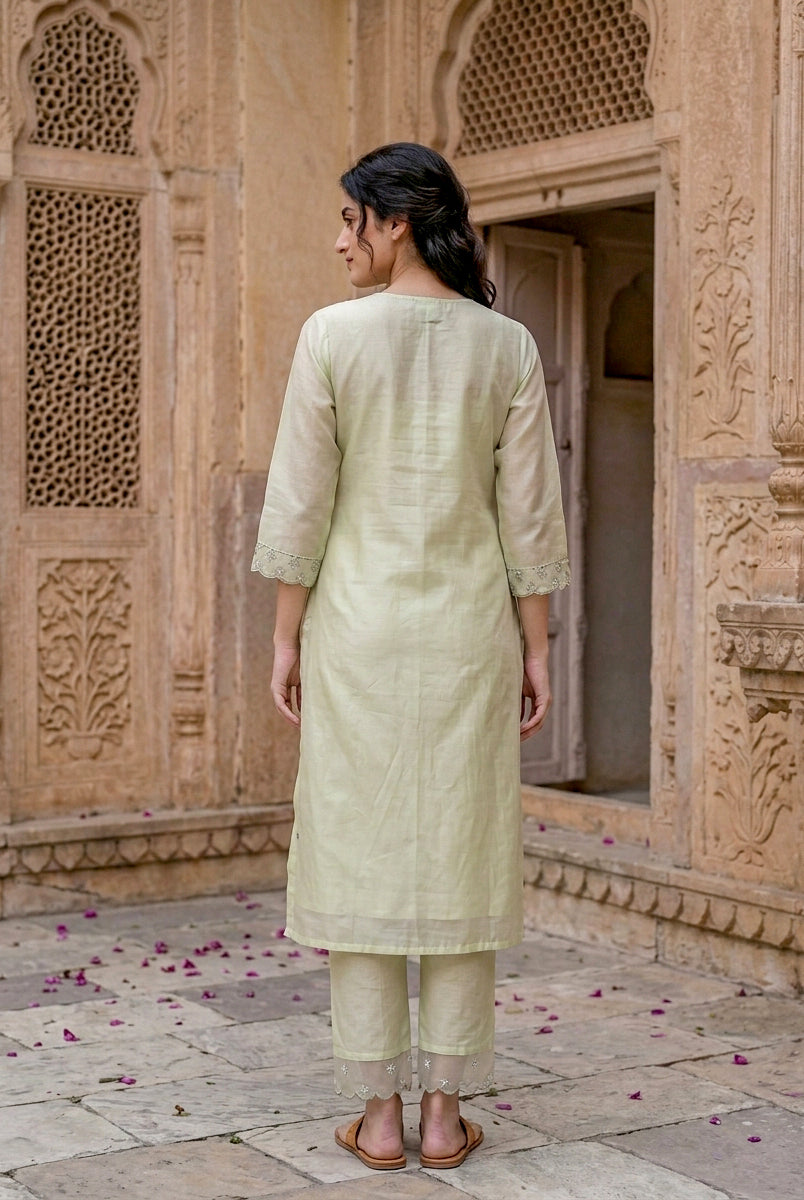 Sage Green Silk Chanderi Kurta with Pants & Organza Dupatta — view 4