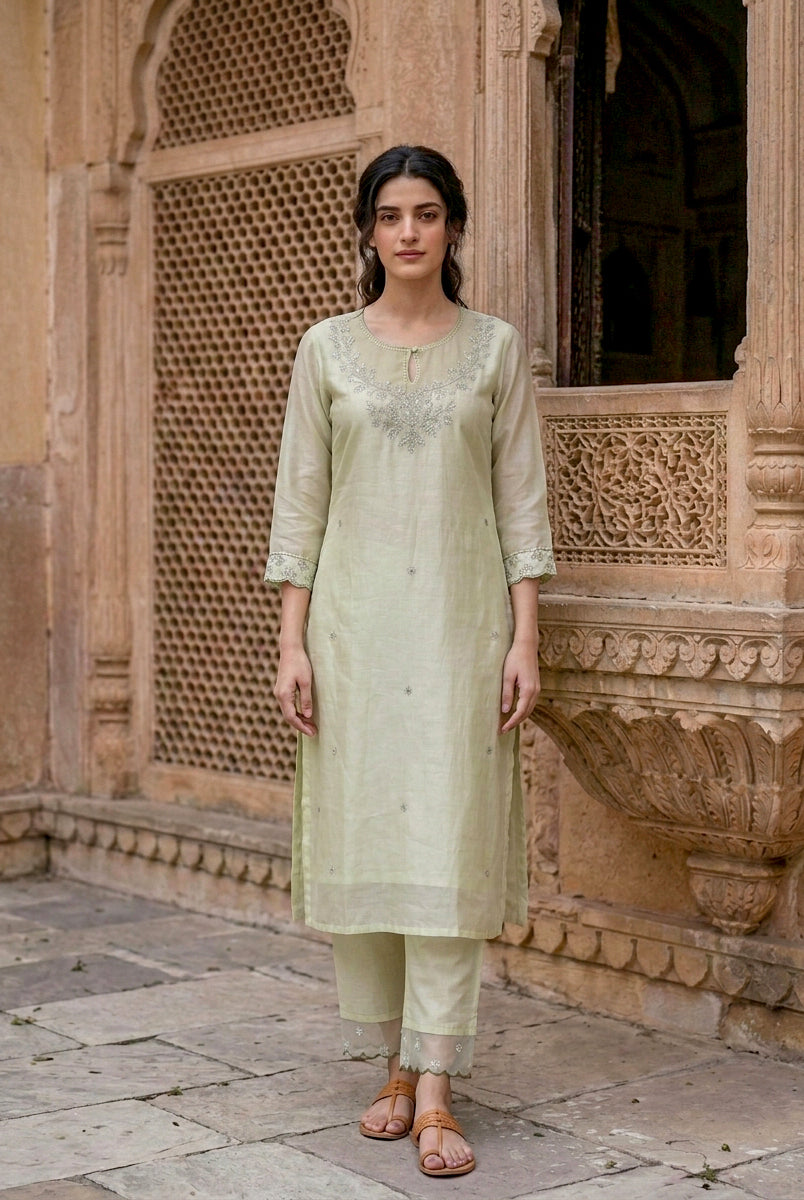 Sage Green Silk Chanderi Kurta with Pants & Organza Dupatta — view 2