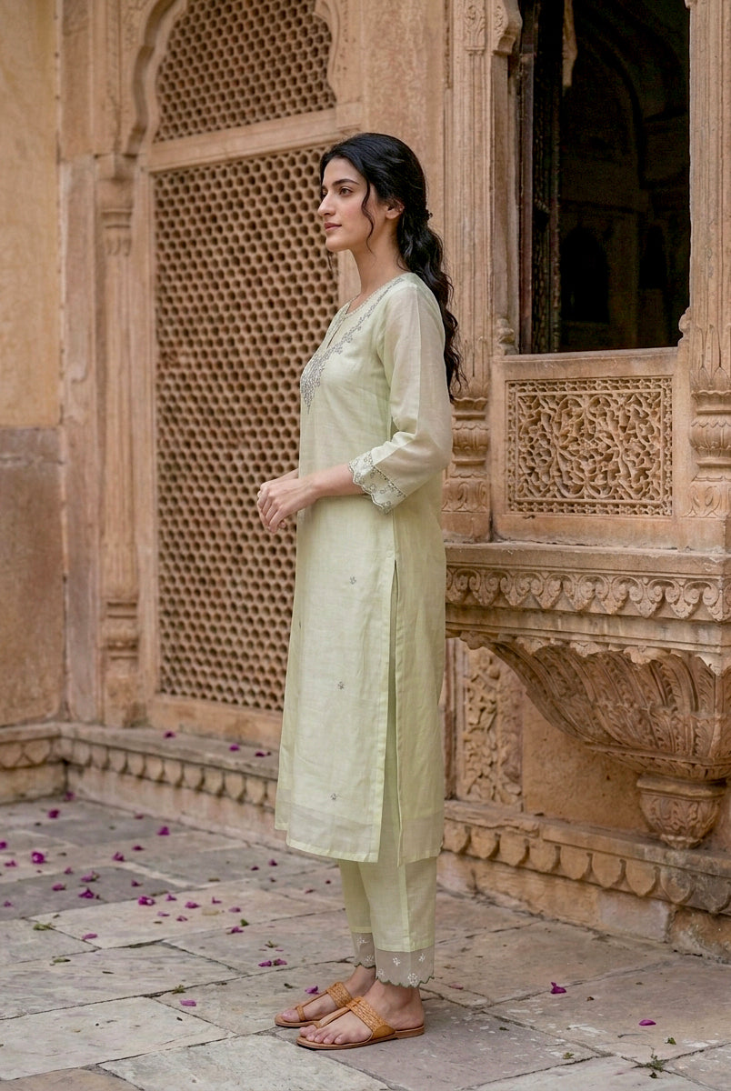 Sage Green Silk Chanderi Kurta with Pants & Organza Dupatta — view 3