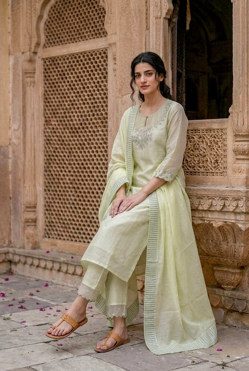 Sage Green Silk Chanderi Kurta with Pants & Organza Dupatta — view 5