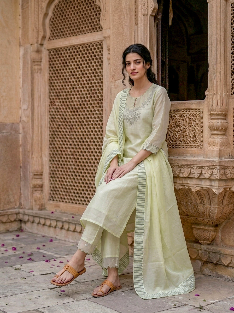 Sage Green Silk Chanderi Kurta with Pants & Organza Dupatta — view 5
