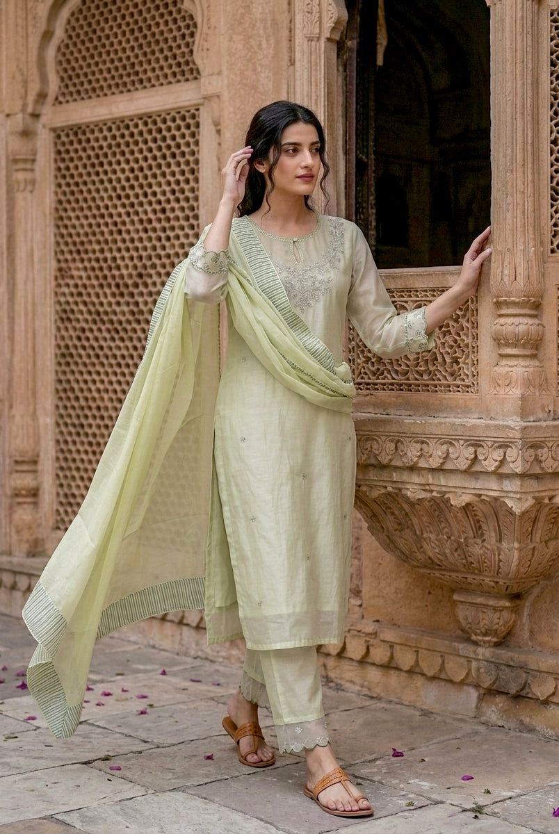 Sage Green Silk Chanderi Kurta with Pants & Organza Dupatta — view 6