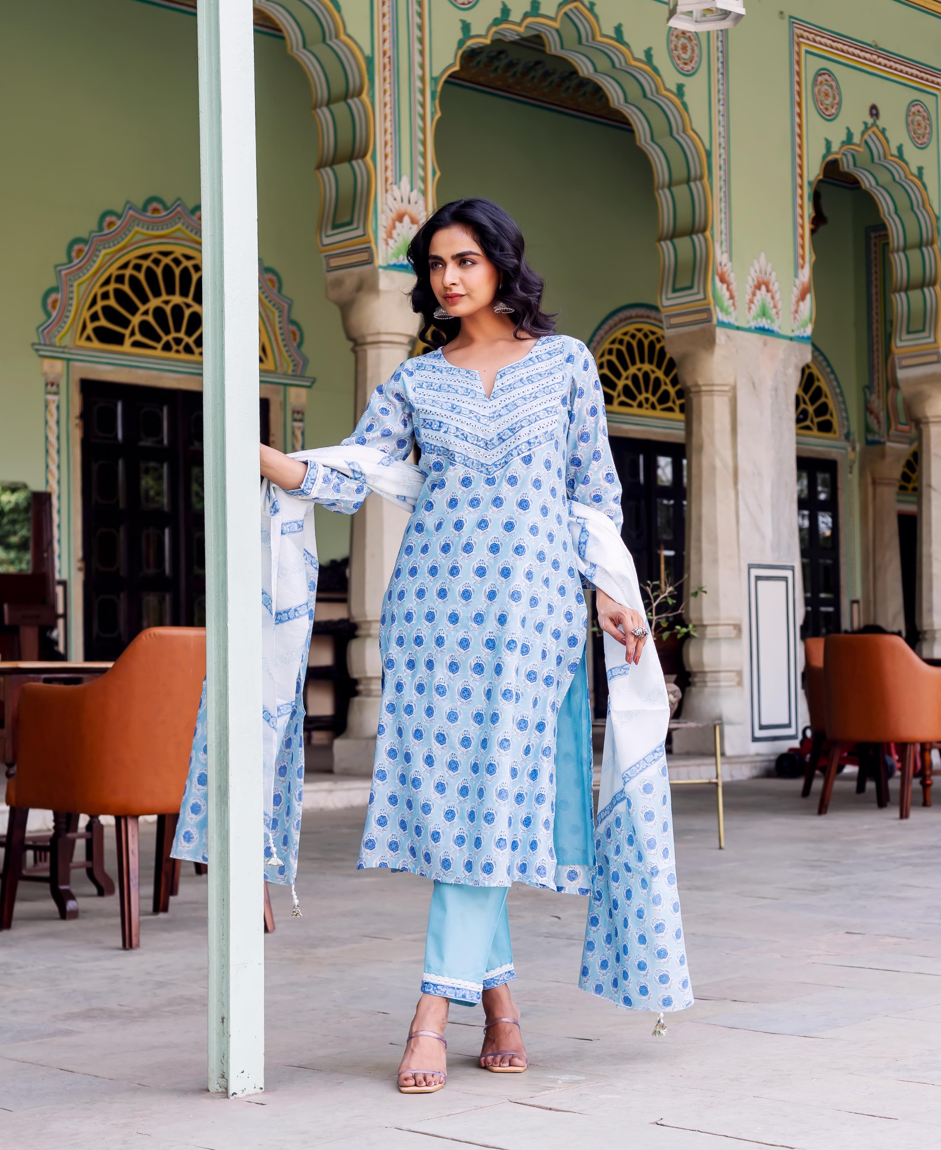 Standing model wearing a light blue kurta set with white dupatta, featuring blue circular block print.