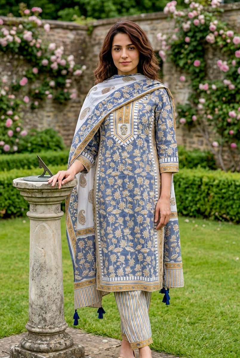 Front full look of model in dusty blue hand block print lotus kurta, striped salwar, dupatta.