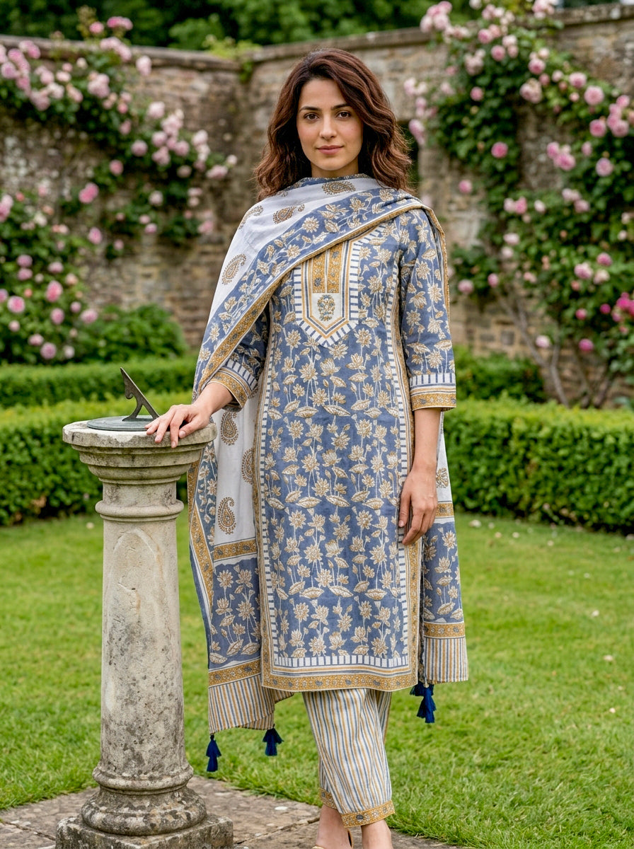 Front full look of model in dusty blue hand block print lotus kurta, striped salwar, dupatta.