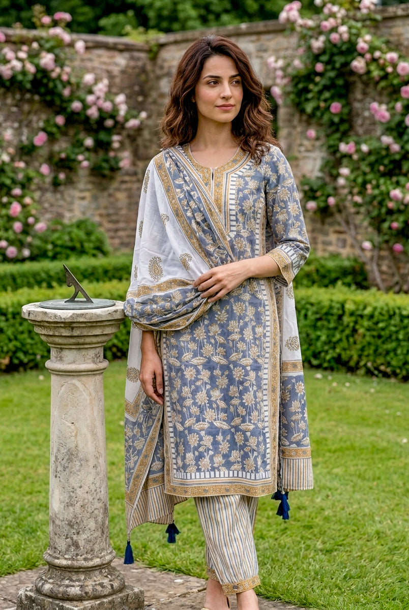 Model wears full dusty blue hand block print kurta set with dupatta and striped salwar.