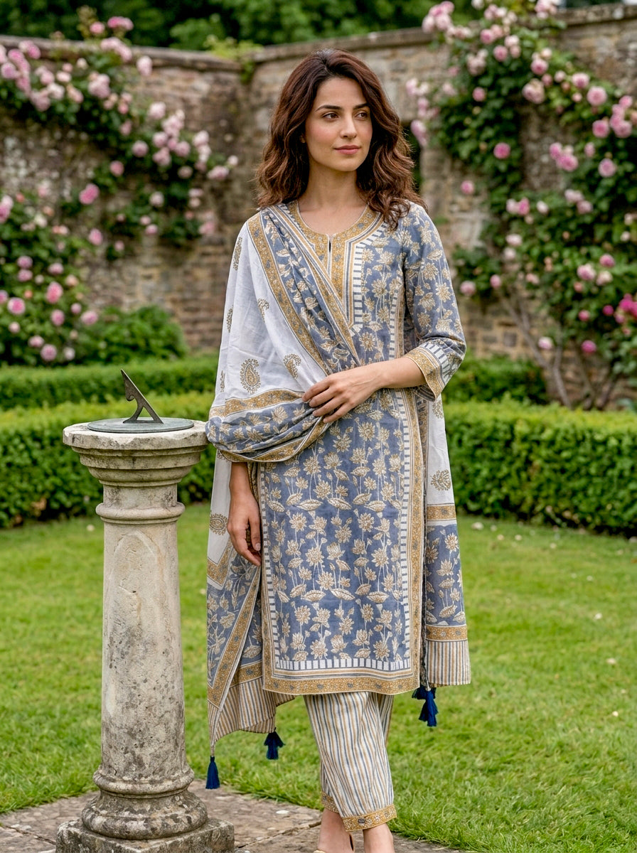 Dusty Blue Hand Block Print Cotton Kurta Set with Afghani Salwar & Dupatta — view 2