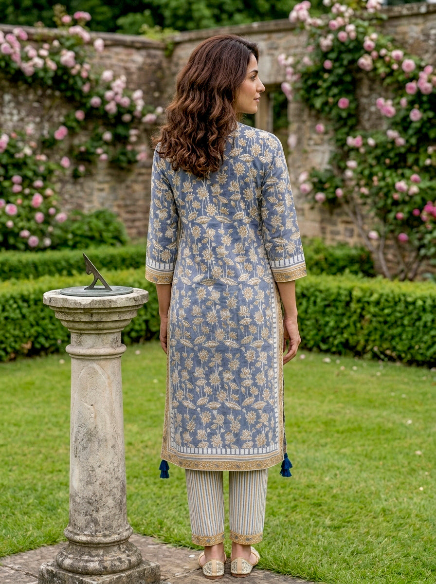 Dusty Blue Hand Block Print Cotton Kurta Set with Afghani Salwar & Dupatta — view 3