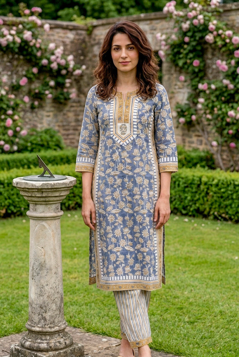 Dusty Blue Hand Block Print Cotton Kurta Set with Afghani Salwar & Dupatta — view 4