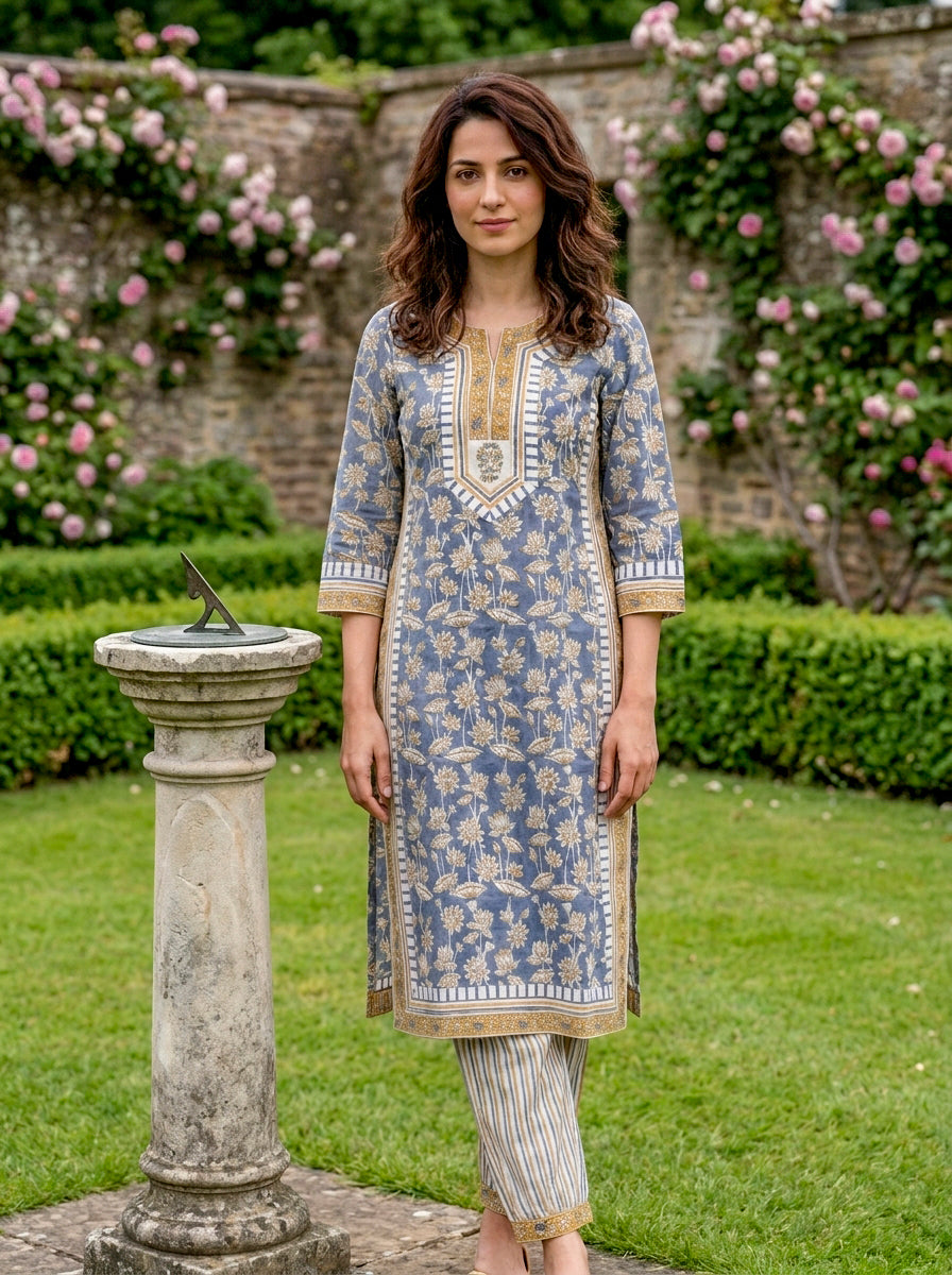 Dusty Blue Hand Block Print Cotton Kurta Set with Afghani Salwar & Dupatta — view 4