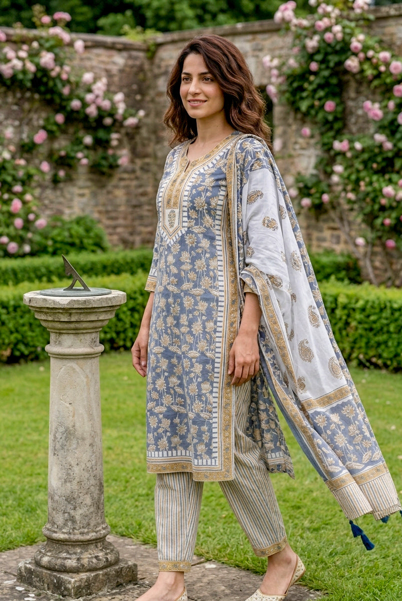 Woman in dusty blue floral block print kurta, striped pants, and printed dupatta.