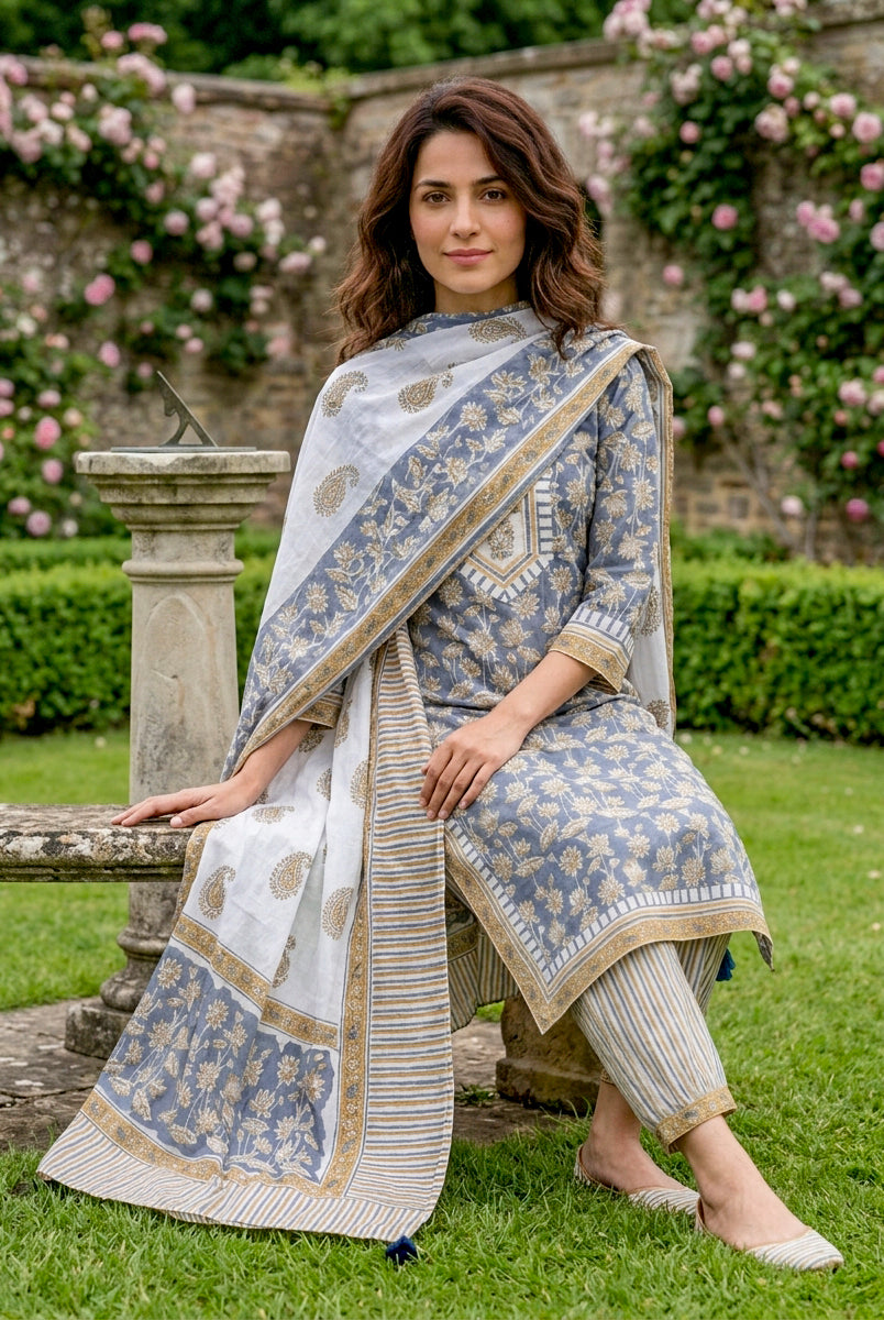 Dusty Blue Hand Block Print Cotton Kurta Set with Afghani Salwar & Dupatta — view 7