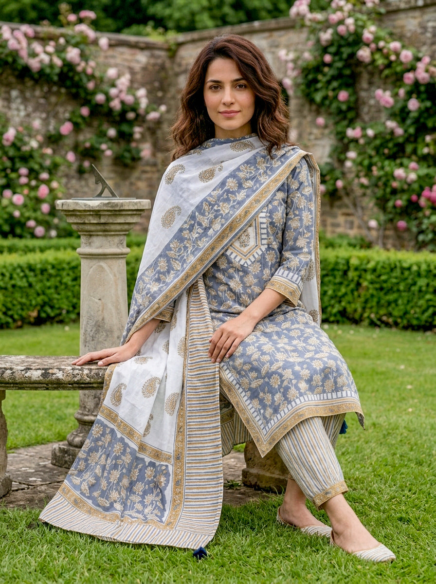 Dusty Blue Hand Block Print Cotton Kurta Set with Afghani Salwar & Dupatta — view 7
