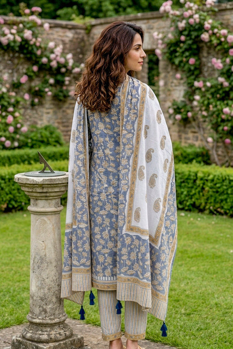 Dusty Blue Hand Block Print Cotton Kurta Set with Afghani Salwar & Dupatta — view 8
