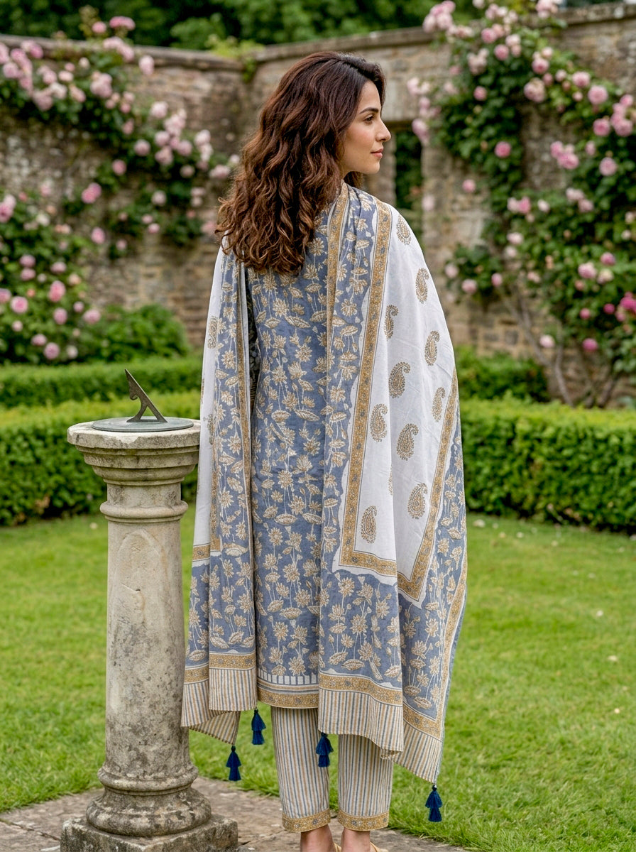 Dusty Blue Hand Block Print Cotton Kurta Set with Afghani Salwar & Dupatta — view 8